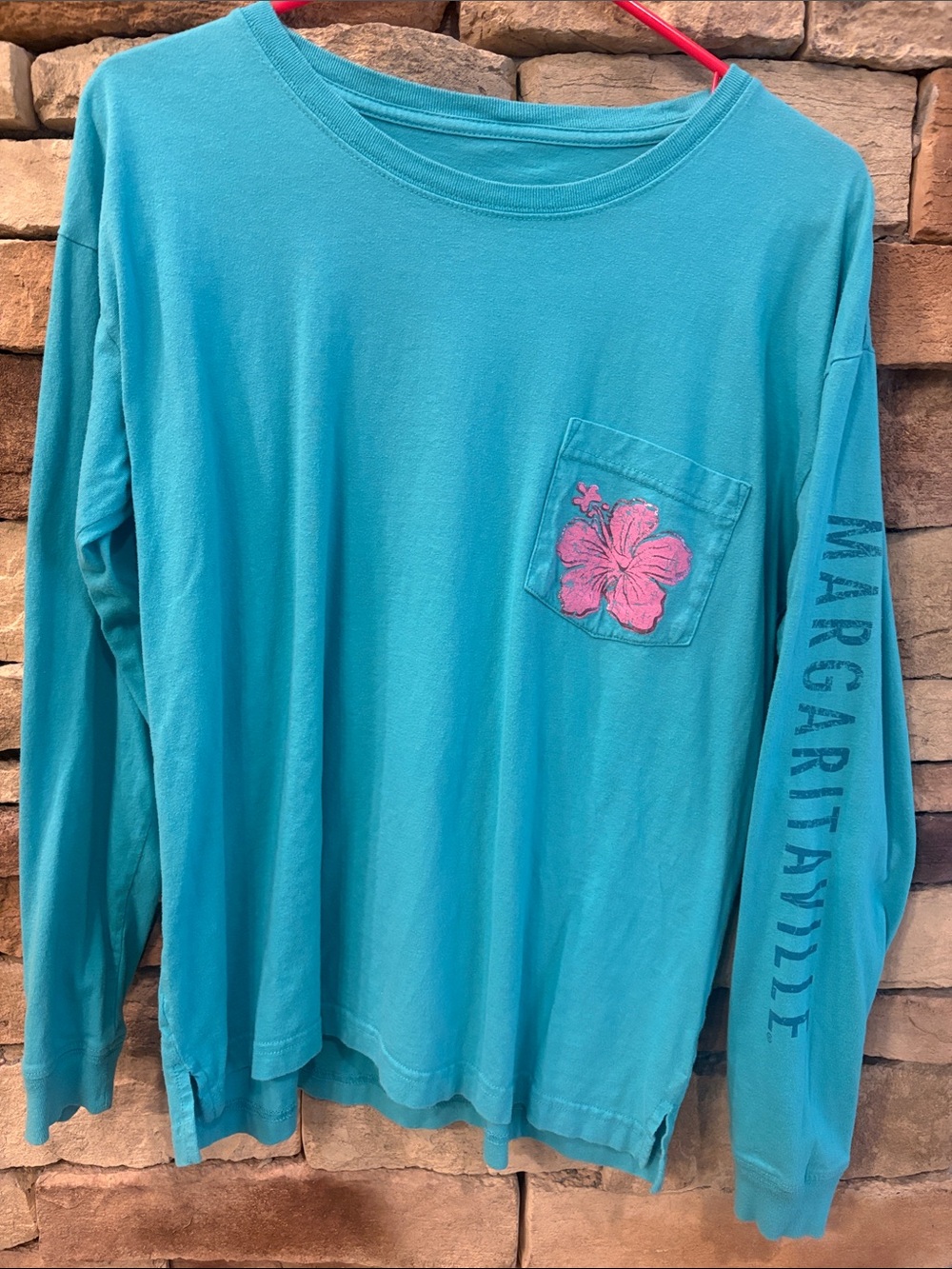 Margaritaville Teal Long-Sleeve Tee with Pink Hibiscus Pocket